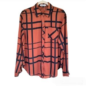 ZC & GF Chiffon Brown Black Women's Long Sleeve Button Up Shirt Size XL